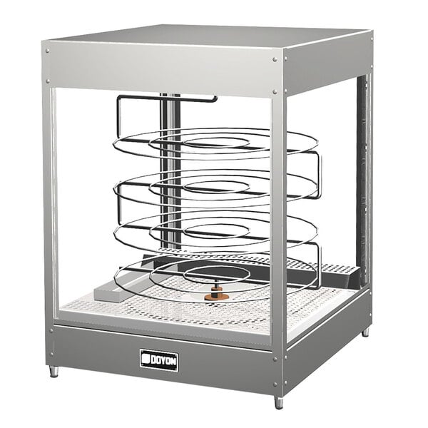 A Doyon countertop pizza warmer with a glass door and rotating circle racks inside.