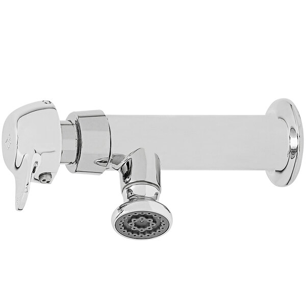 A T&S chrome plated wall mounted pivot action metering faucet.