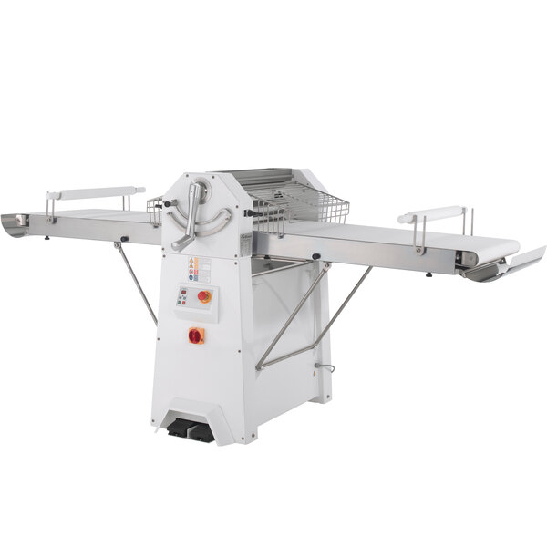 A white Doyon dough sheeter with a metal blade and a handle on the side.