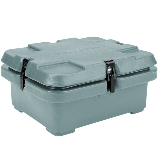 A slate blue plastic box with black handles.