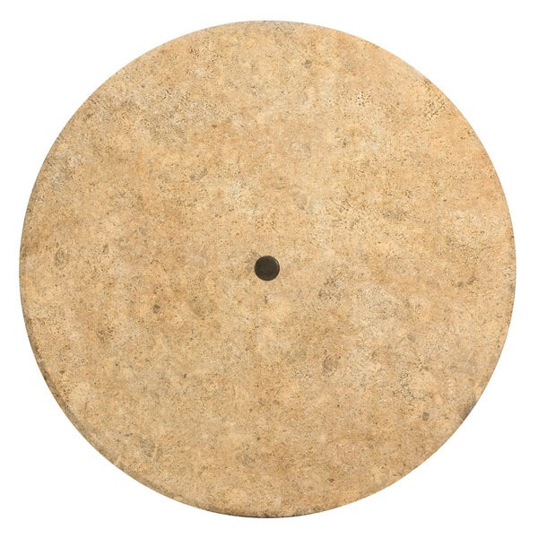 A white Grosfillex Catalan round table top with a black umbrella hole in the middle.