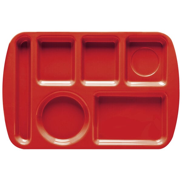A red GET melamine compartment tray with six different shapes.