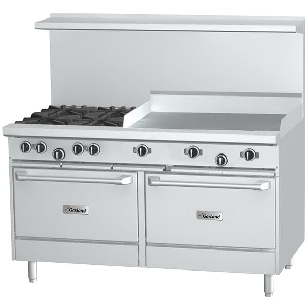 A stainless steel Garland commercial range with burners, griddle, and ovens.