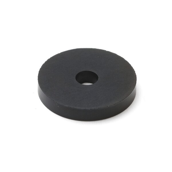 A black rubber washer with a hole in the middle.