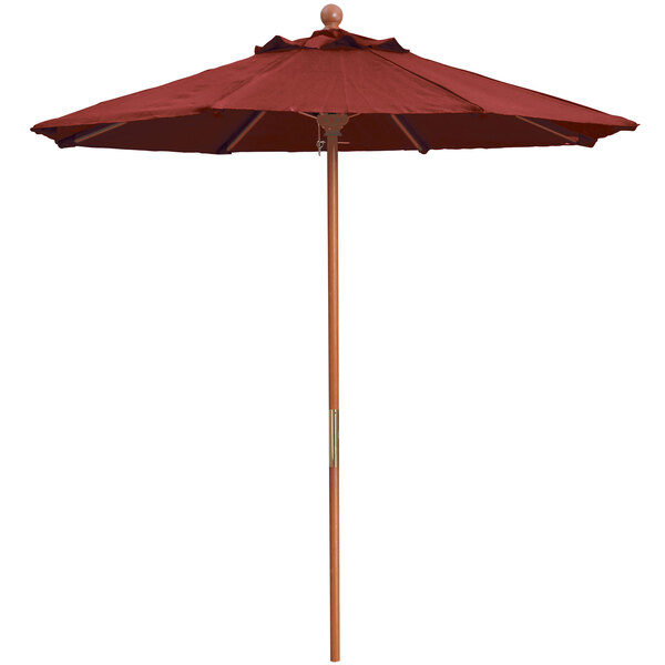 A Grosfillex Terra Cotta market umbrella with a wooden pole.