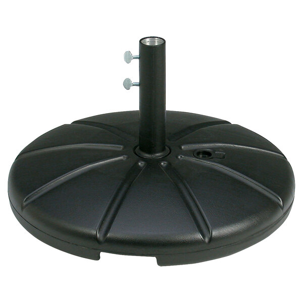 A black Grosfillex umbrella base on a table with a metal pole.