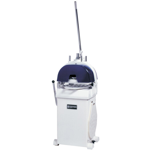 A white and blue Doyon semi-automatic dough divider and rounder with a blue handle.