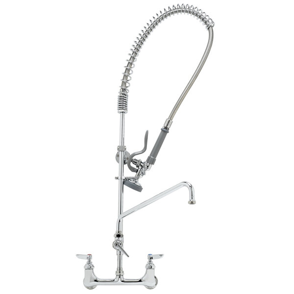 A chrome T&S pre-rinse faucet with a hose attached to it.
