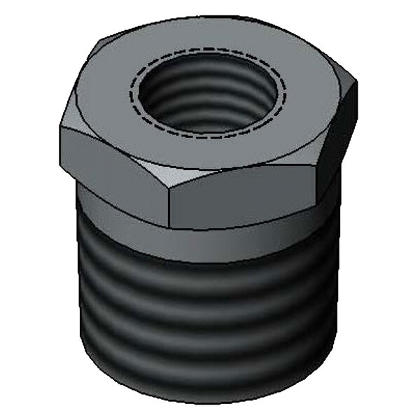 A chrome hex bushing with black and grey threads.