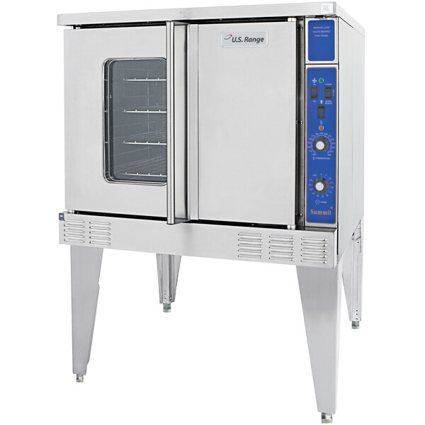 A U.S. Range Summit Series stainless steel commercial convection oven with blue doors.