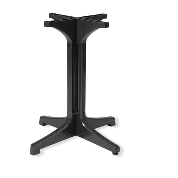 A black Grosfillex pedestal table base with four legs.