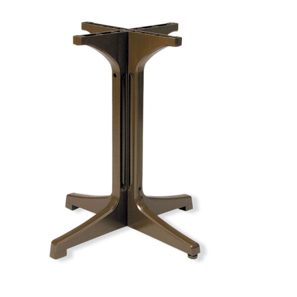 A Grosfillex bronze mist resin pedestal table base with three legs.