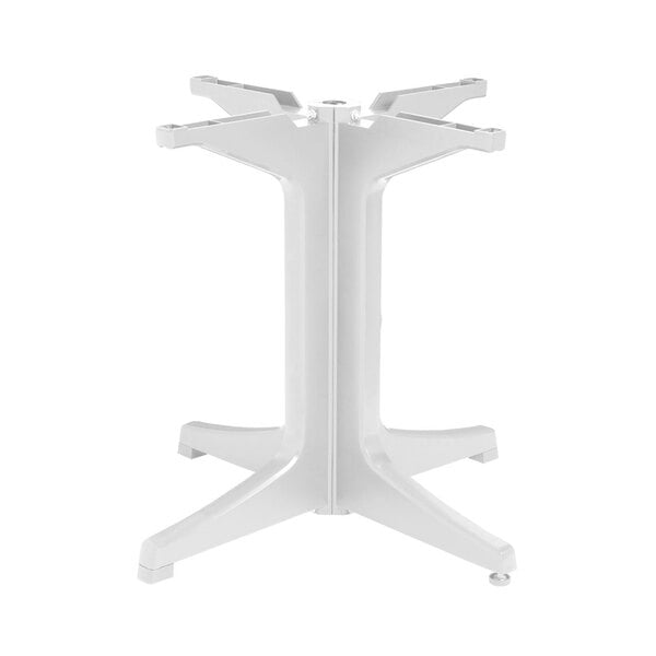 A white Grosfillex pedestal table base with four legs.