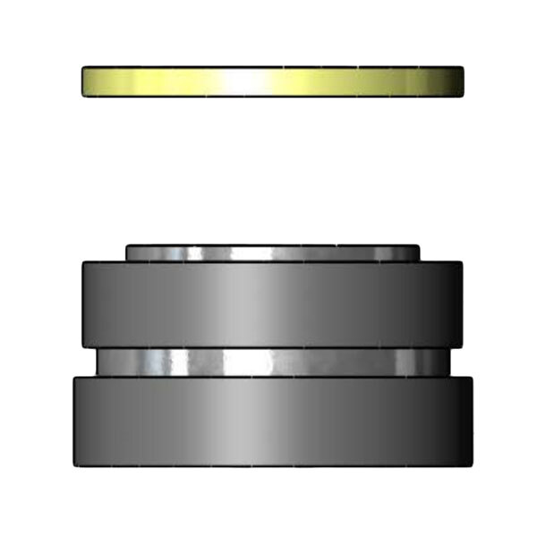 A T&S metal aerator adapter with a yellow and black circular center.