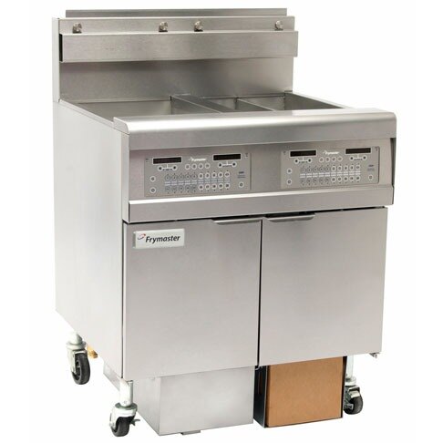 A Frymaster natural gas floor fryer with two split frypots.