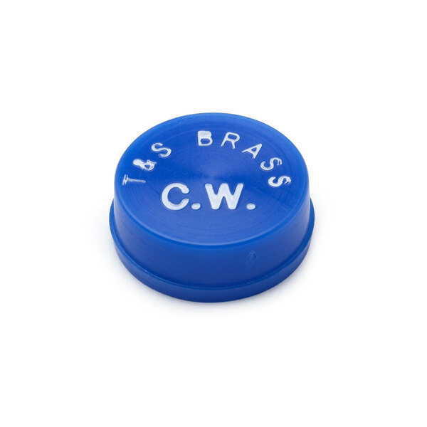 A medium blue plastic cap with white text that says "CW"