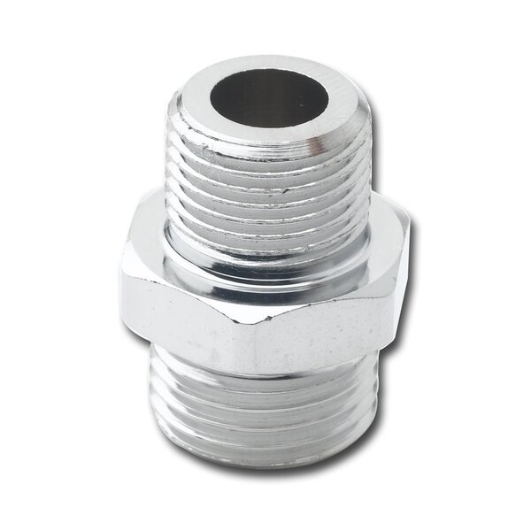 A silver metal T&S hose handle adapter with a threaded metal nut.