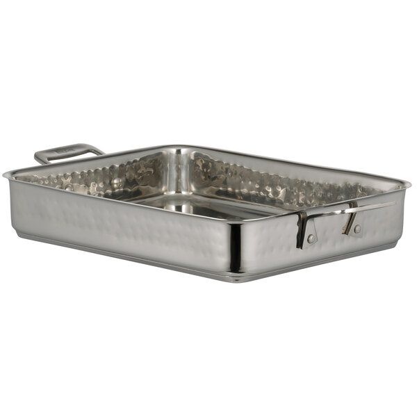 A silver rectangular Bon Chef roasting pan with handles.