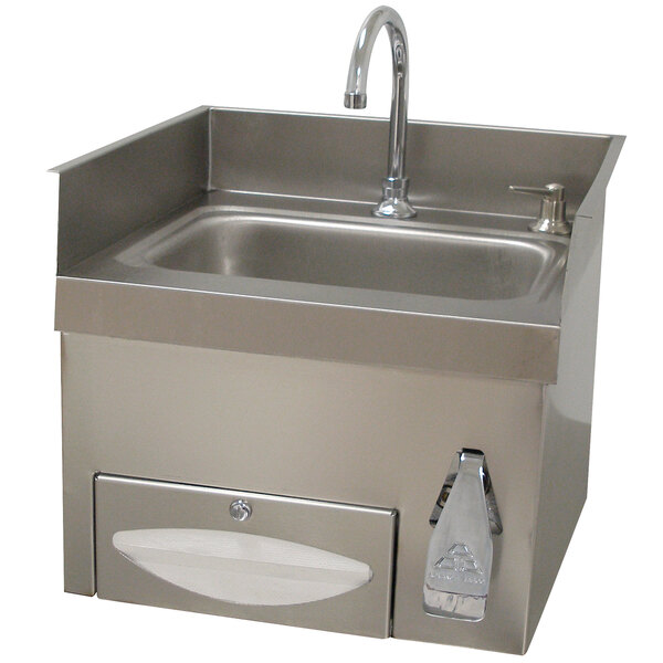 An Advance Tabco stainless steel countertop hand sink with a deck mount faucet and soap dispenser.
