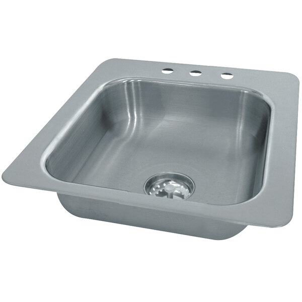 A stainless steel Advance Tabco sink with a drain.