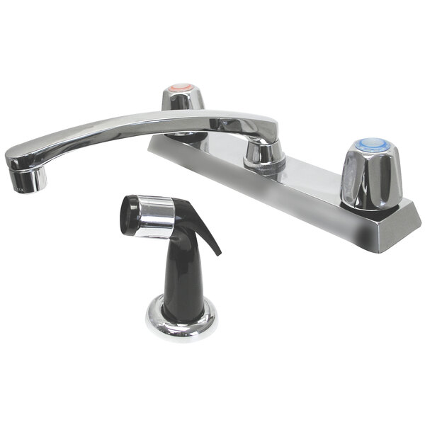 An Advance Tabco deck-mounted faucet with canopy handles and a side spray.