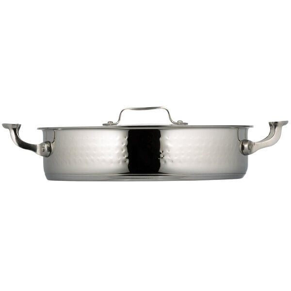 A Bon Chef stainless steel brazier pot with a handle and lid.