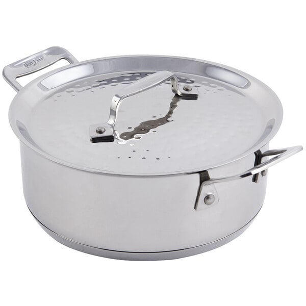 A silver Bon Chef stainless steel casserole pot with a lid.