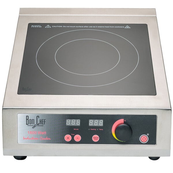 A Bon Chef countertop induction range on a counter with a digital display.