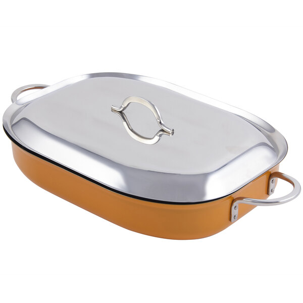A Bon Chef orange stainless steel roasting pan with a metal lid.