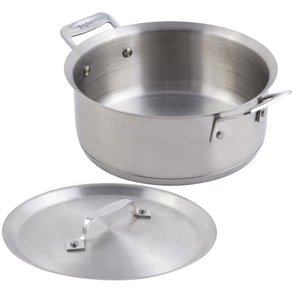 A Bon Chef stainless steel casserole pot with lid and handle.