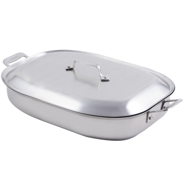 A stainless steel Bon Chef roasting pan with a lid.