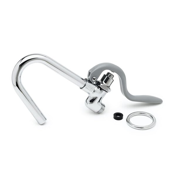 A silver T&S hook nozzle with a grey handle.