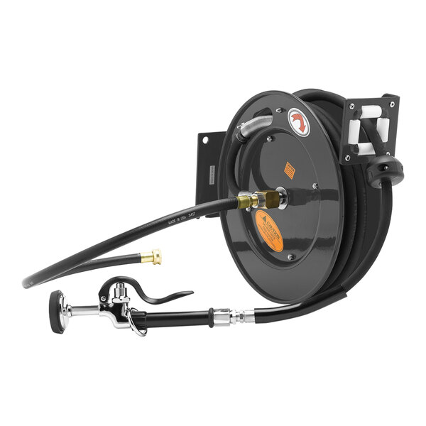 A black Equip by T&S hose reel with a 35' hose attached.
