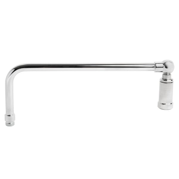 A silver metal T-shaped curved faucet nozzle on a white background.