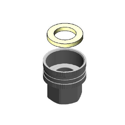 A black and yellow metal T&S garden hose adapter with a round object and a rubber ring inside.