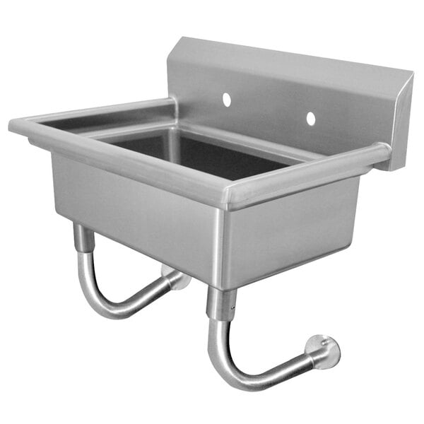 A stainless steel wall mount hand sink with a drain and two hooks on the side.