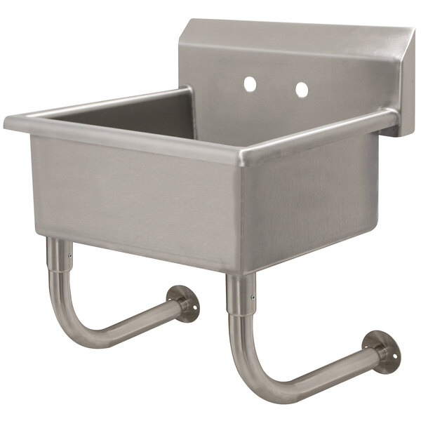 A stainless steel Advance Tabco wall mount service sink with two metal bars on the side.