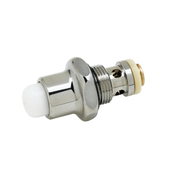 A chrome plated brass T&S pedal valve bonnet assembly with a white button.