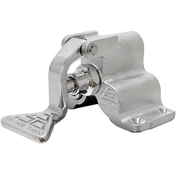 A silver metal Advance Tabco foot pedal valve with a lever.