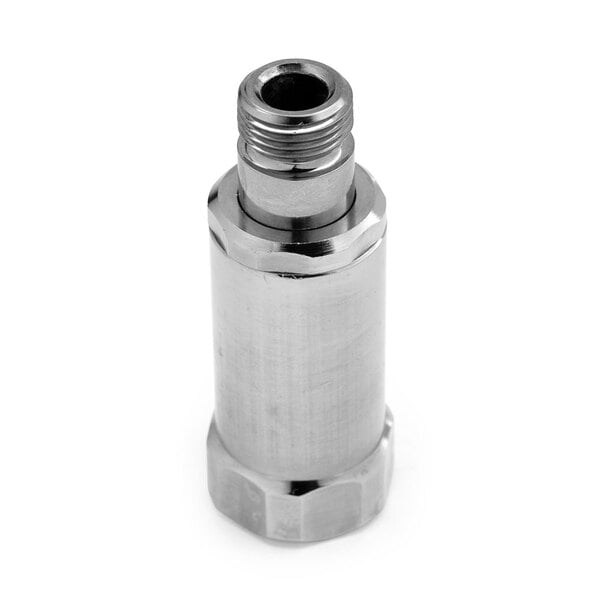 A silver metal cylinder with threaded connections.