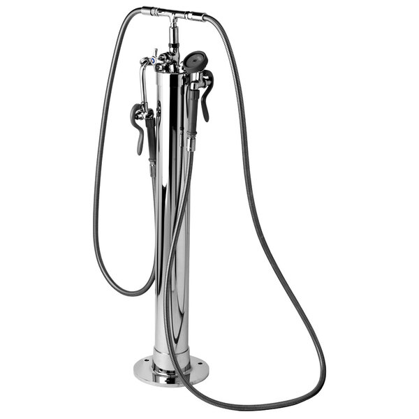 A chrome metal swing assembly with hoses attached.