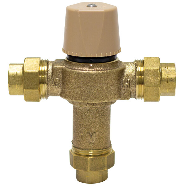 A brass Advance Tabco thermostatic mixing valve with a gold colored cap.