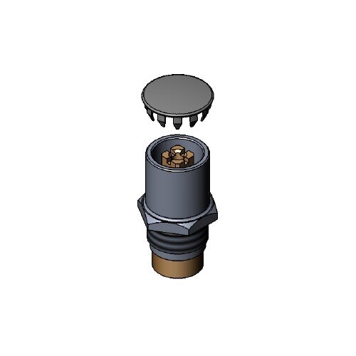 A black and grey T&S spindle assembly service stop and cap with a silver nut.