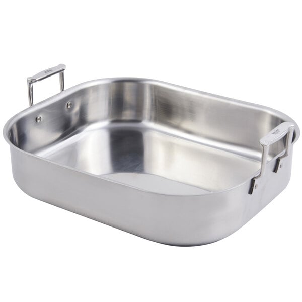 A Bon Chef stainless steel rectangular roasting pan with handles.