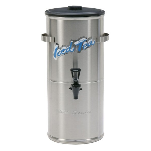 A silver round stainless steel Curtis iced tea dispenser with a black plastic lid.
