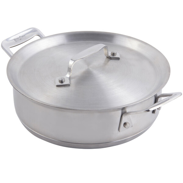 A silver Bon Chef stainless steel round casserole with a lid.