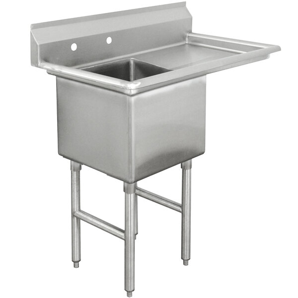 A stainless steel Advance Tabco commercial sink with a drainboard on the right.