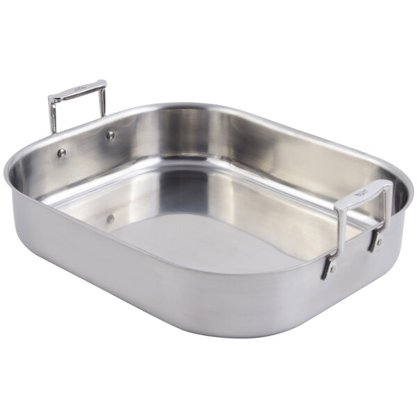 A silver stainless steel Bon Chef rectangular roasting pan with handles.