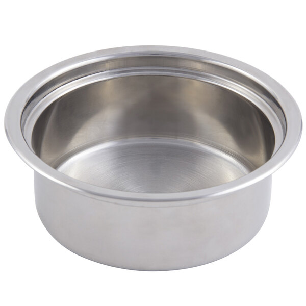 A close-up of a silver Bon Chef stainless steel insert pan with a round rim.