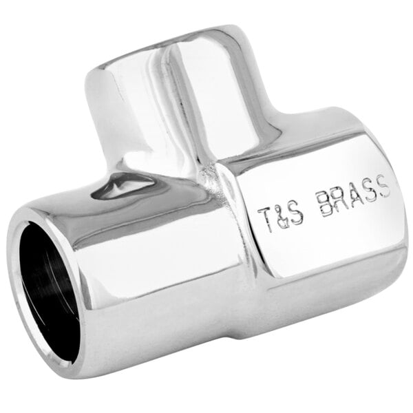 A chrome plated metal T&S faucet tee swivel with text on it.
